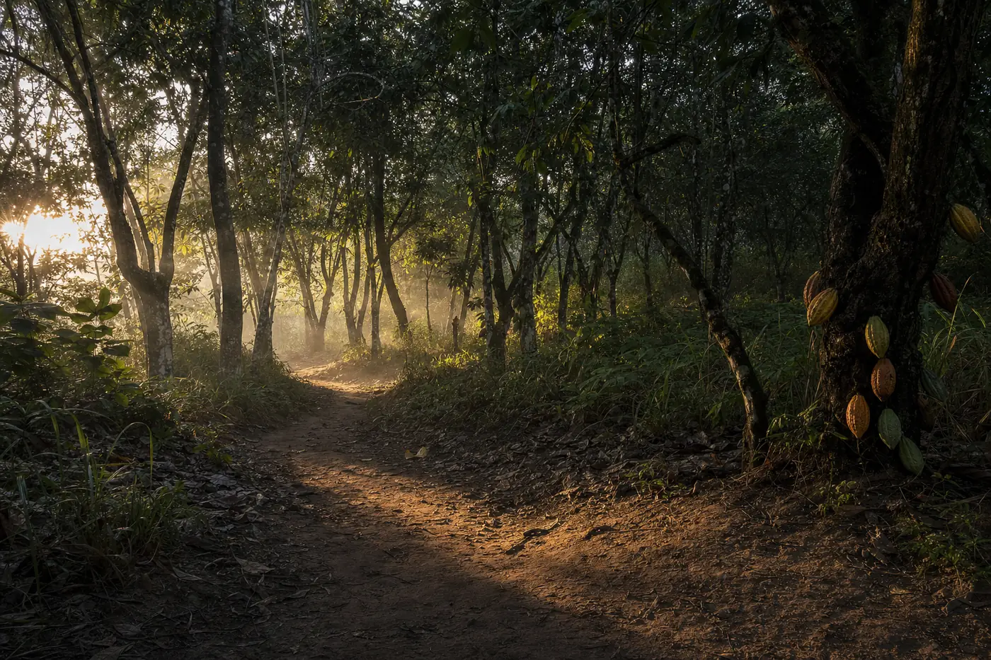 Un sentier de terre dans un verger arboré, à la première lumière du matin, la brume basse entre les troncs.